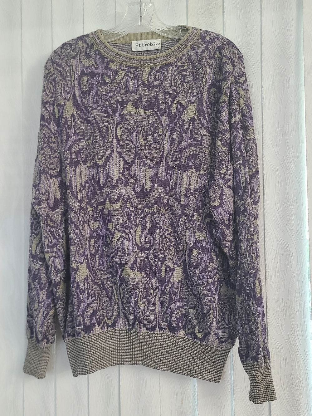 St. Croix Shop Mens L Purple Beige Abstract Knit Crew Neck Cotton Blend Sweater